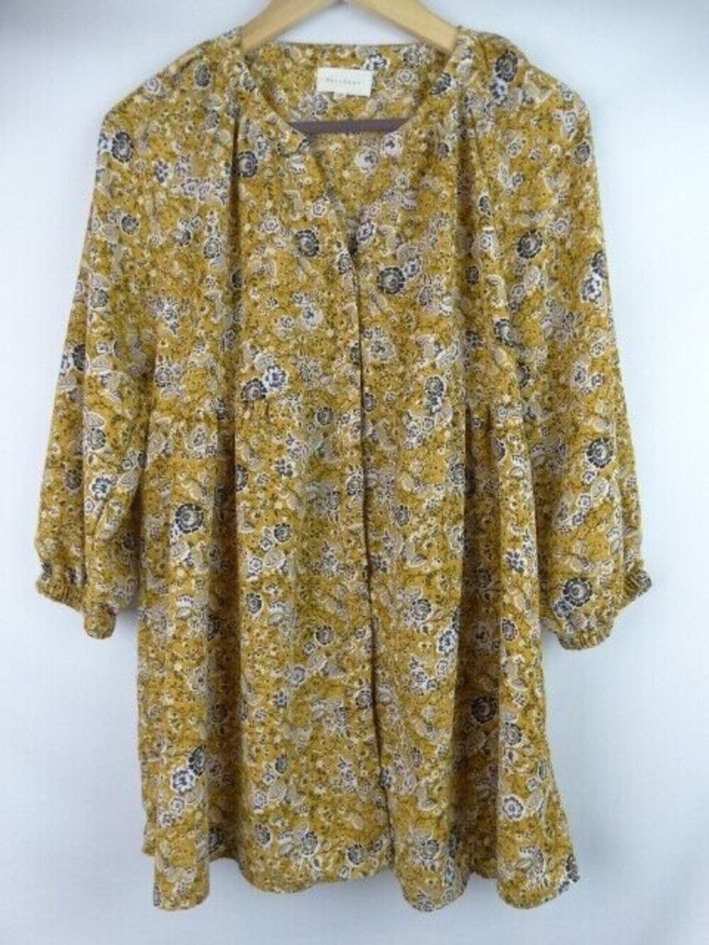 Melloday Tunic Top Size Medium Mustard Gold Floral 3/4 Sleeve Button Down Shirt